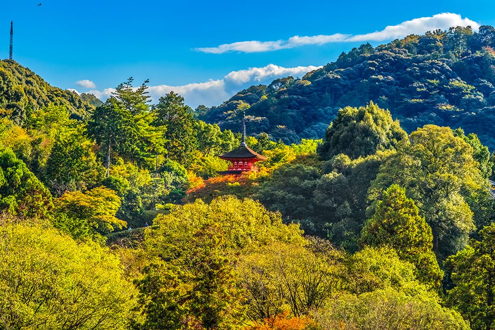 Colorful Koyasu Pagoda, Kiyomizu Buddhist Temple, Kyoto, Japan. Temple established 778 AD.